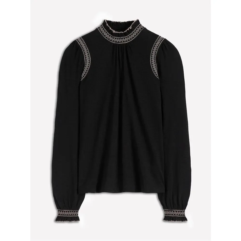 BODEN Tia Smocked Neck Jersey Top Black Embroidered Mock Neck Classic Size 6